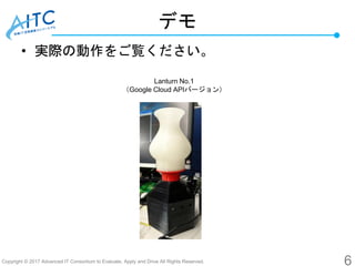 Copyright © 2017 Advanced IT Consortium to Evaluate, Apply and Drive All Rights Reserved.
デモ
• 実際の動作をご覧ください。
6
Lanturn No.1
（Google Cloud APIバージョン）
 