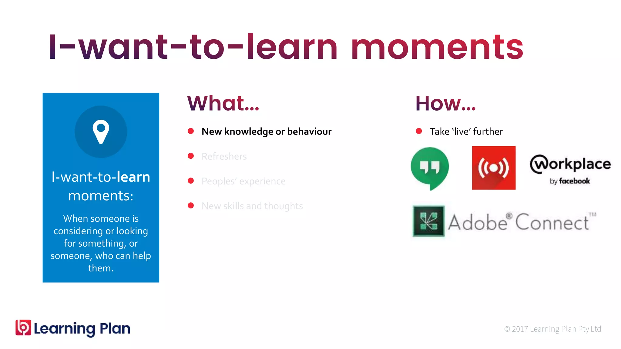 When someone is
considering or looking
for something, or
someone, who can help
them.
I-want-to-learn
moments:
 New knowledge or behaviour
 Refreshers
 Peoples’ experience
 New skills and thoughts
 Take ‘live’ further
 