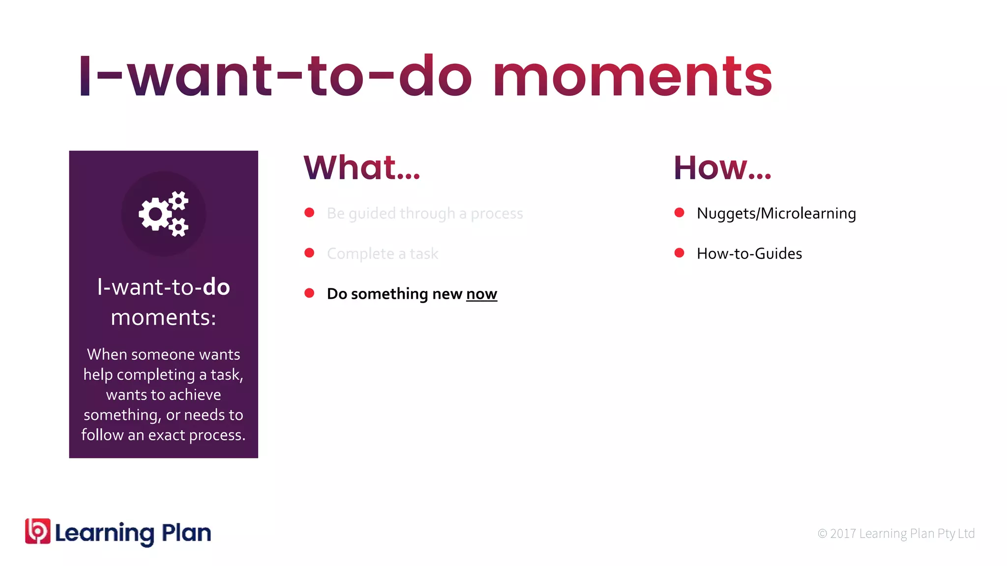 When someone wants
help completing a task,
wants to achieve
something, or needs to
follow an exact process.
I-want-to-do
moments:
 Be guided through a process
 Complete a task
 Do something new now
 Nuggets/Microlearning
 How-to-Guides
 