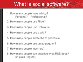 What is social software? 1. How many people have a blog?  Personal?  Professional?  2. How many people use Flickr? 3. How many people use Delicious? 4. How many people use a wiki? 5. How many people subscribe to podcasts? 6. How many people use an aggregator? 7. How many people mash-up? 8. How many people can describe what RSS does? (in plain English!) 
