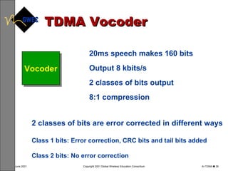 TDMA Vocoder 2 classes of bits are error corrected in different ways Class 1 bits: Error correction, CRC bits and tail bits added Class 2 bits: No error correction Vocoder 20ms speech makes 160 bits Output 8 kbits/s 2 classes of bits output 8:1 compression 