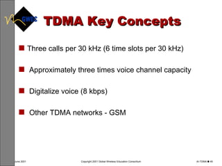 TDMA Key Concepts Three calls per 30 kHz (6 time slots per 30 kHz)  Approximately three times voice channel capacity Digitalize voice (8 kbps)  Other TDMA networks - GSM  