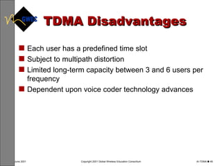 TDMA Disadvantages  Each user has a predefined time slot Subject to multipath distortion Limited long-term capacity between 3 and 6 users per frequency Dependent upon voice coder technology advances  