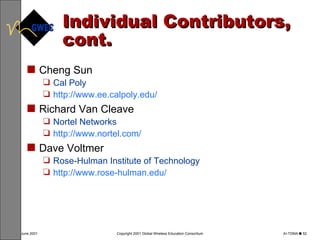Individual Contributors, cont. Cheng Sun  Cal Poly   http://www. ee . calpoly . edu / Richard Van Cleave   Nortel Networks   http://www.nortel.com/ Dave Voltmer Rose-Hulman Institute of Technology http://www.rose- hulman . edu / 