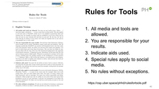 Rules for Tools
1. All media and tools are
allowed.
2. You are responsible for your
results.
3. Indicate aids used.
4. Special rules apply to social
media.
5. No rules without exceptions.
40
https://csp.uber.space/phhd/rulesfortools.pdf
 