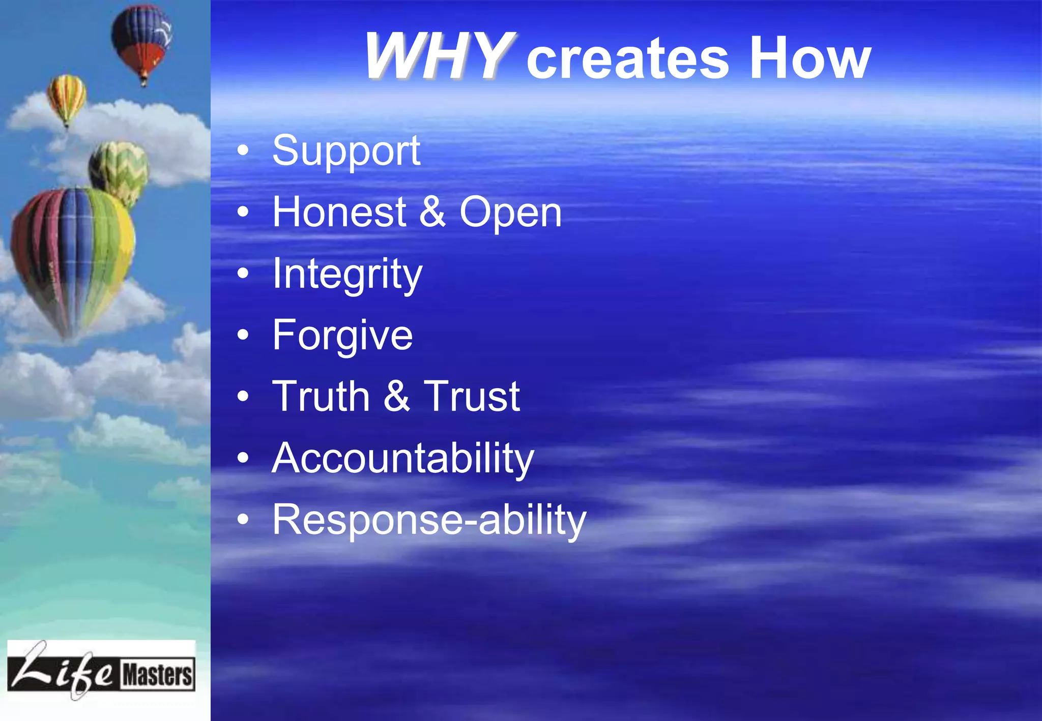 WHY creates How
•   Support
•   Honest & Open
•   Integrity
•   Forgive
•   Truth & Trust
•   Accountability
•   Response-ability
 