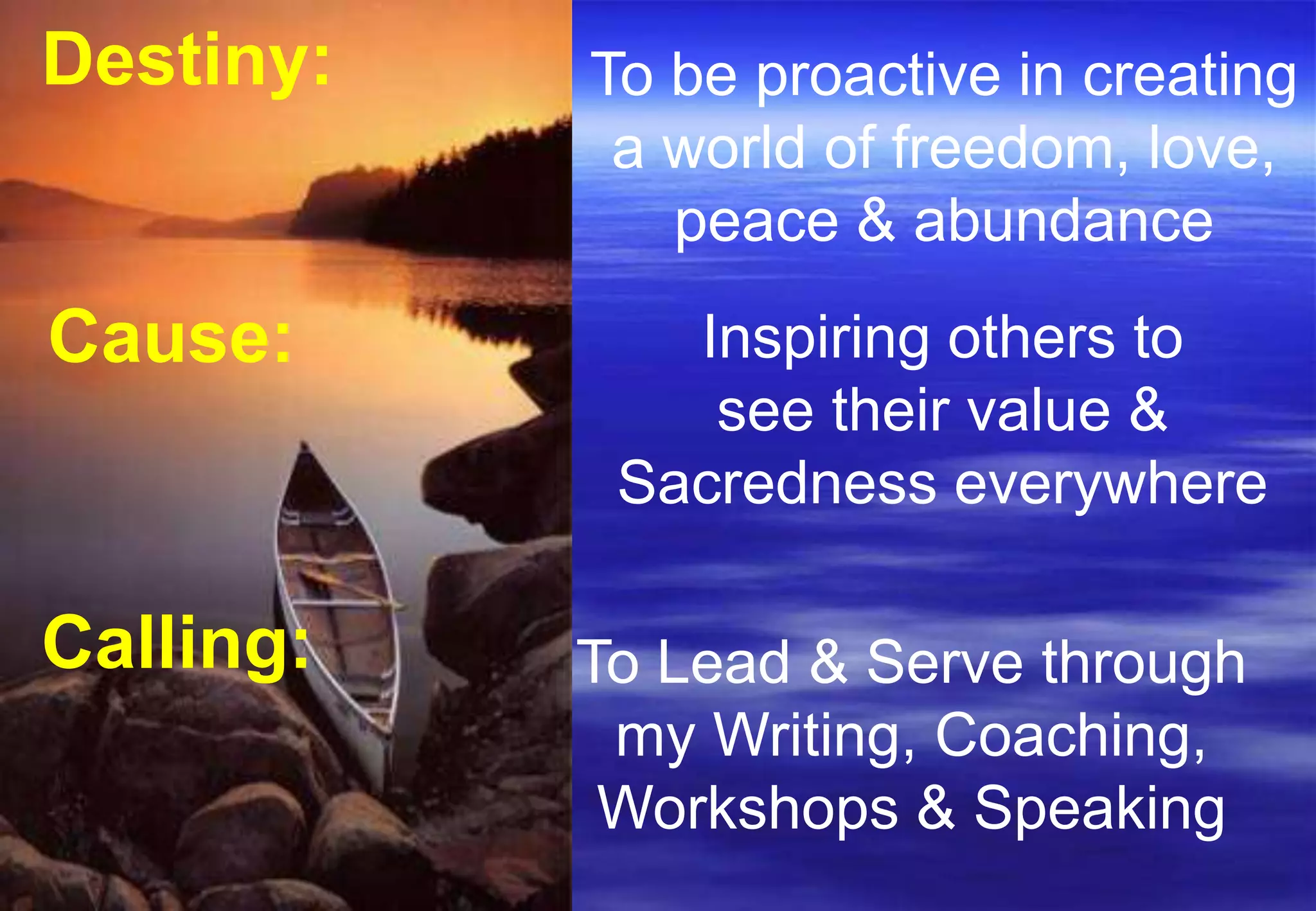 Destiny:   To be proactive in creating
            a world of freedom, love,
              peace & abundance
Cause:        Inspiring others to
               see their value &
            Sacredness everywhere

Calling:   To Lead & Serve through
            my Writing, Coaching,
            Workshops & Speaking
 
