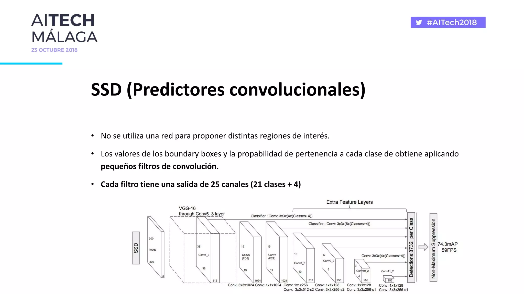 SSD (Predictores convolucionales)
• No se utiliza una red para proponer distintas regiones de interés.
• Los valores de los boundary boxes y la propabilidad de pertenencia a cada clase de obtiene aplicando
pequeños filtros de convolución.
• Cada filtro tiene una salida de 25 canales (21 clases + 4)
 
