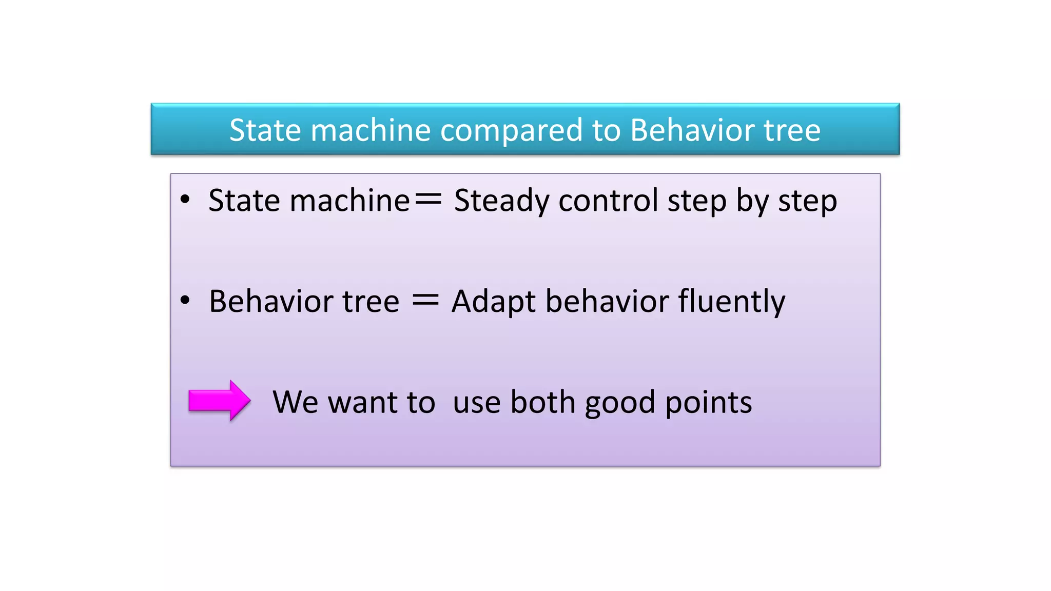 State machine compared to Behavior tree
• State machine＝ Steady control step by step
• Behavior tree ＝ Adapt behavior fluently
We want to use both good points
 