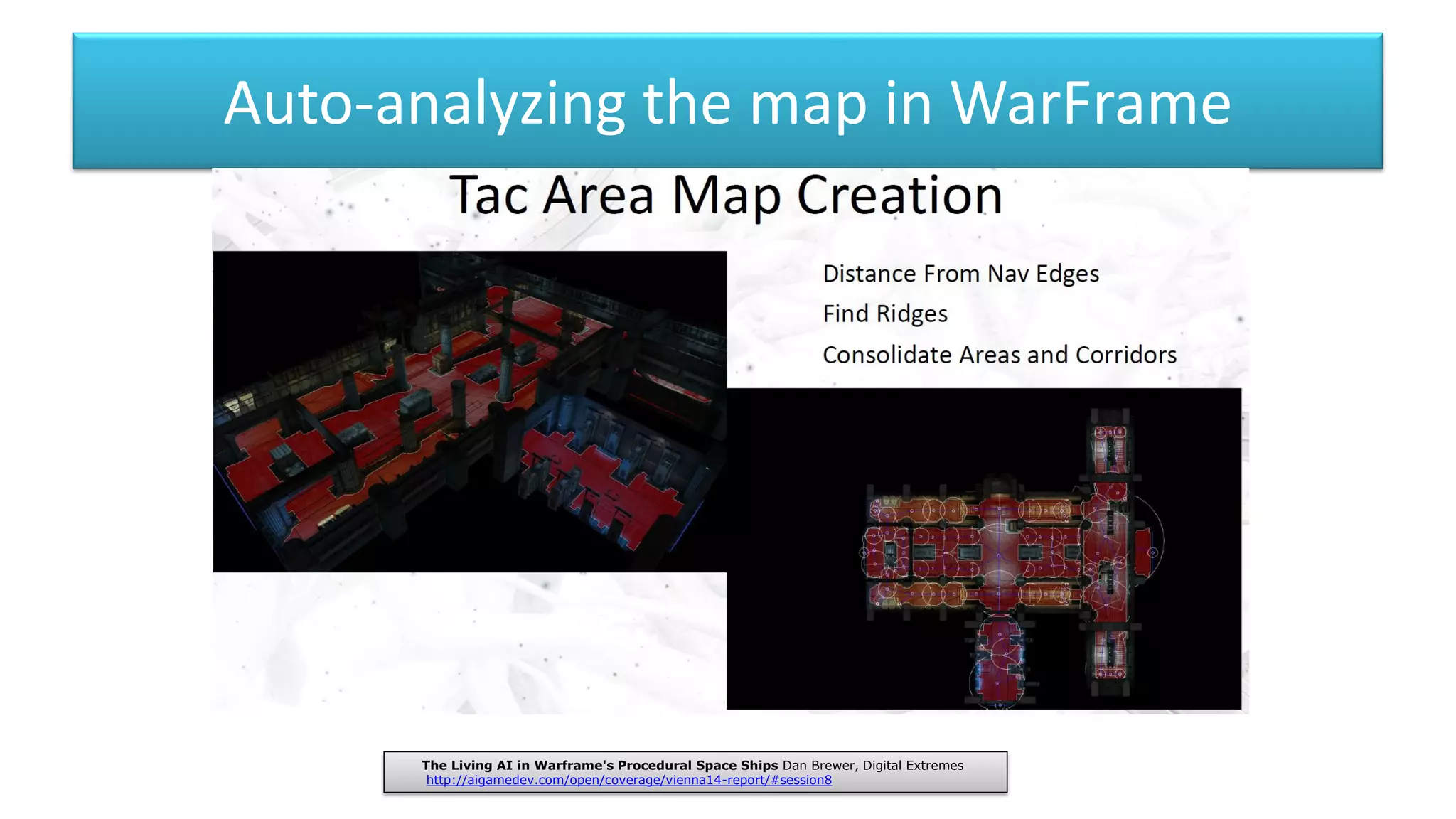 Auto-analyzing the map in WarFrame
The Living AI in Warframe's Procedural Space Ships Dan Brewer, Digital Extremes
http://aigamedev.com/open/coverage/vienna14-report/#session8
 