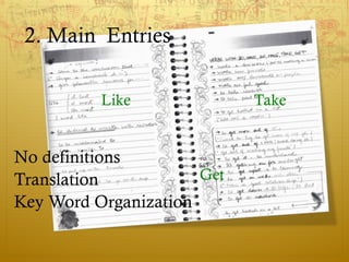 2. Main Entries

          Like              Take


No definitions
Translation           Get
Key Word Organization
 