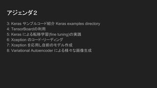 アジェンダ
1:環境を構築する ( Tensorflow-GPU + Keras )
1-1: クラウドに高速な機会学習環境を構築する
1-2: パソコンに高速な機会学習環境を構築する
2:機械学習の基礎を学ぶ
2-1: Kerasリポジトリをクローンしてサンプルコードを取得
2-2: クラウドとパソコンでそれぞれ実行、GPU / CPU の速度差を知る
2-3: MNIST 解説
2-4: CNN 解説
2-4-1: 畳み込み層
2-4-2: プーリング層
2-4-3: 全結合層
 