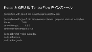 Keras と Tensorflow
Kerasは，Pythonで書かれた，TensorFlowまたはCNTK，Theano上で実行可能な
高水準のニューラルネットワークライブラリ（フレームワーク）。中心的な開発
者、メンテナはGoogleのエンジニアのFrançois Cholletである。
2017年、GoogleのTensorFlowチームは、TensorFlowのコアライブラリにおいて
Kerasをサポートすることを決定した。(Wikiより）
※バックエンドとしてTensorFlowを利用する場合はPython2.7限定だったらしい
（3.6.2で動作確認できましたけど、OpenCVコンパイルの都合上2系の方が無
難）
 