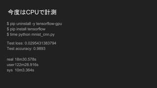 GPU稼働情報を表示
> nvidia-smi
Sat Sep 2 18:33:33 2017
+-----------------------------------------------------------------------------+
| NVIDIA-SMI 384.69 Driver Version: 384.69 |
|-------------------------------+----------------------+----------------------+
| GPU Name Persistence-M| Bus-Id Disp.A | Volatile Uncorr. ECC |
| Fan Temp Perf Pwr:Usage/Cap| Memory-Usage | GPU-Util Compute M. |
|===============================+======================+======================|
| 0 GeForce GTX 105... Off | 00000000:01:00.0 Off | N/A |
| N/A 43C P0 N/A / N/A | 398MiB / 4041MiB | 0% Default |
+-------------------------------+----------------------+----------------------+
+-----------------------------------------------------------------------------+
| Processes: GPU Memory |
| GPU PID Type Process name Usage |
|=============================================================================|
| 0 1129 G /usr/lib/xorg/Xorg 224MiB |
| 0 1848 G compiz 135MiB |
| 0 2712 G ...el-token=A824897B35D121CF49ACBD4502480B90 36MiB |
| 0 3840 G /usr/lib/firefox/firefox 1MiB |
+-----------------------------------------------------------------------------+
 