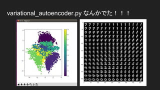 Variational Autoencoder による画像生成
pip install matplotlib
pip install opencv-python
sudo apt-get install python3-tk
time python variational_autoencoder.py
time python variational_autoencoder_deconv.py
real 6m26.656s
user 2m30.900s
sys 1m25.964s
 