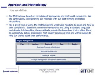 Approach and Methodology
   How we deliver

    Our Methods are based on consolidated frameworks and real-world experience. We
    are continuously strengthening our methods with our best thinking and latest
    innovations.
    For a given type of work, the methods define what work needs to be done and how to
    best complete it. Based on a common frameworks and using a standard language
    and standard deliverables, these methods provide the know-how that enables Aitent
    to successfully deliver predictable, high-quality results on-time and within-budget to
    help our clients boost their performance.

            Project Management

                 Plan        Analyze        Design &            Test     Deploy
                                              Build
                                  Business Process & Application

                                        Technical Architecture

                                          Training & Support

                            Change Management and Service Introduction




                                       Copyright © 2010 by Aitent.
www.aitent.com                            All rights reserved.
 
