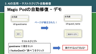 Magic PodԄޏ - ǥ
3. AIλ C ƥȥץԶޏ
guestname ˂򥻥å
//button[text()=Τء] 򥯥å
ک`줿
id=guestname id=guest_name
ƥȥץ
gФȤɤʤ?
 