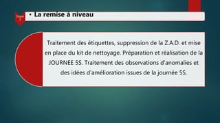 Traitement des étiquettes, suppression de la Z.A.D. et mise
en place du kit de nettoyage. Préparation et réalisation de la
JOURNEE 5S. Traitement des observations d'anomalies et
des idées d'amélioration issues de la journée 5S.
Etape
3
• La remise à niveau
 