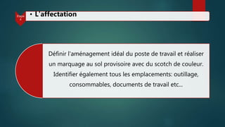 Définir l'aménagement idéal du poste de travail et réaliser
un marquage au sol provisoire avec du scotch de couleur.
Identifier également tous les emplacements: outillage,
consommables, documents de travail etc...
Etape
4
• L'affectation
 