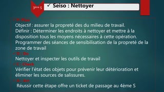 3ème S  Seiso : Nettoyer
 P: Plan
Objectif : assurer la propreté des du milieu de travail.
Définir : Déterminer les endroits à nettoyer et mettre à la
disposition tous les moyens nécessaires à cette opération.
Programmer des séances de sensibilisation de la propreté de la
zone de travail
 D : Do
Nettoyer et inspecter les outils de travail
 C : Check
Vérifier l’état des objets pour prévenir leur détérioration et
éliminer les sources de salissures.
 A : Act
Réussir cette étape offre un ticket de passage au 4ème S
 