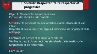 5ème S
 Shitsuk: Respecter, faire respecter et
progresser
 P: Plan
Objectif : Maintenir les bonnes habitudes.
Préparer des check-lists de contrôle.
 D : Do
Sensibiliser le personnel par des formations sur les standards et leur
intérêt.
Respecter et faire respecter les règles d’élimination, de rangement et de
nettoyage.
 C : Check
Contrôler les postes et remplir la check-list;
Vérifier le degré du respect des standards d’élimination, de
rangement et de nettoyage.
 A : Act
Faire l’audit.
 