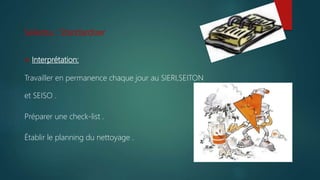 Seiketsu : Standardiser
 Interprétation:
Travailler en permanence chaque jour au SIERI,SEITON
et SEISO .
Préparer une check-list .
Établir le planning du nettoyage .
 