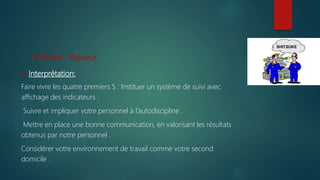 Shitsuke : Rigueur
 Interprétation:
Faire vivre les quatre premiers S : Instituer un système de suivi avec
affichage des indicateurs .
Suivre et impliquer votre personnel à l’autodiscipline .
Mettre en place une bonne communication, en valorisant les résultats
obtenus par notre personnel .
Considérer votre environnement de travail comme votre second
domicile .
 