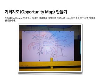 기회지도(Opportunity Map) 만들기
두드림(Do Dream) 단계에서 도출된 결과물을 바탕으로 자랑스런 Lotte의 미래를 마인드맵 형태로
완성합니다.
 