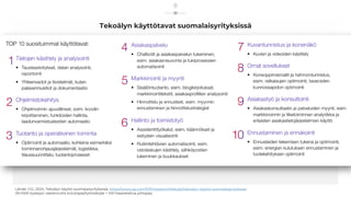 Tekoälyn käyttötavat suomalaisyrityksissä
Lähde: CGI, 2024, Tekoälyn käyttö suomalaisyrityksissä, https://www.cgi.com/fi/fi/viewpoint/tekoaly/tekoalyn-kaytto-suomalaisyrityksissa
(N=1000 kyselyyn vastannutta kuluttajaa/työntekijää + 100 haastateltua johtajaa)
8
 