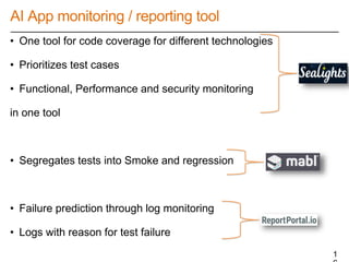 AI App monitoring / reporting tool
• One tool for code coverage for different technologies
• Prioritizes test cases
• Functional, Performance and security monitoring
in one tool
• Segregates tests into Smoke and regression
• Failure prediction through log monitoring
• Logs with reason for test failure
1
 