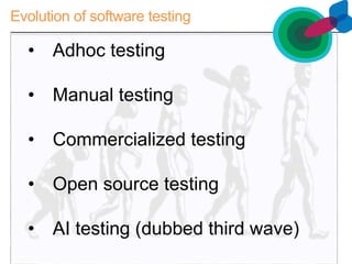 Evolution of software testing
• Adhoc testing
• Manual testing
• Commercialized testing
• Open source testing
• AI testing (dubbed third wave)
 