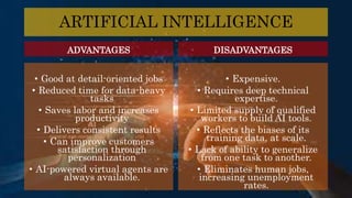ARTIFICIAL INTELLIGENCE
ADVANTAGES
• Good at detail-oriented jobs
• Reduced time for data-heavy
tasks
• Saves labor and increases
productivity
• Delivers consistent results
• Can improve customers
satisfaction through
personalization
• AI-powered virtual agents are
always available.
DISADVANTAGES
• Expensive.
• Requires deep technical
expertise.
• Limited supply of qualified
workers to build AI tools.
• Reflects the biases of its
training data, at scale.
• Lack of ability to generalize
from one task to another.
• Eliminates human jobs,
increasing unemployment
rates.
 