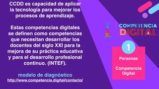 Personas
Competencia
Digital
1
CCDD es capacidad de aplicar
la tecnología para mejorar los
procesos de aprendizaje.
Estas competencias digitales
se deﬁnen como competencias
que necesitan desarrollar los
docentes del siglo XXI para la
mejora de su práctica educativa
y para el desarrollo profesional
continuo. (INTEF).
modelo de diagnóstico
http://www.competencia.digital/contacto/
 