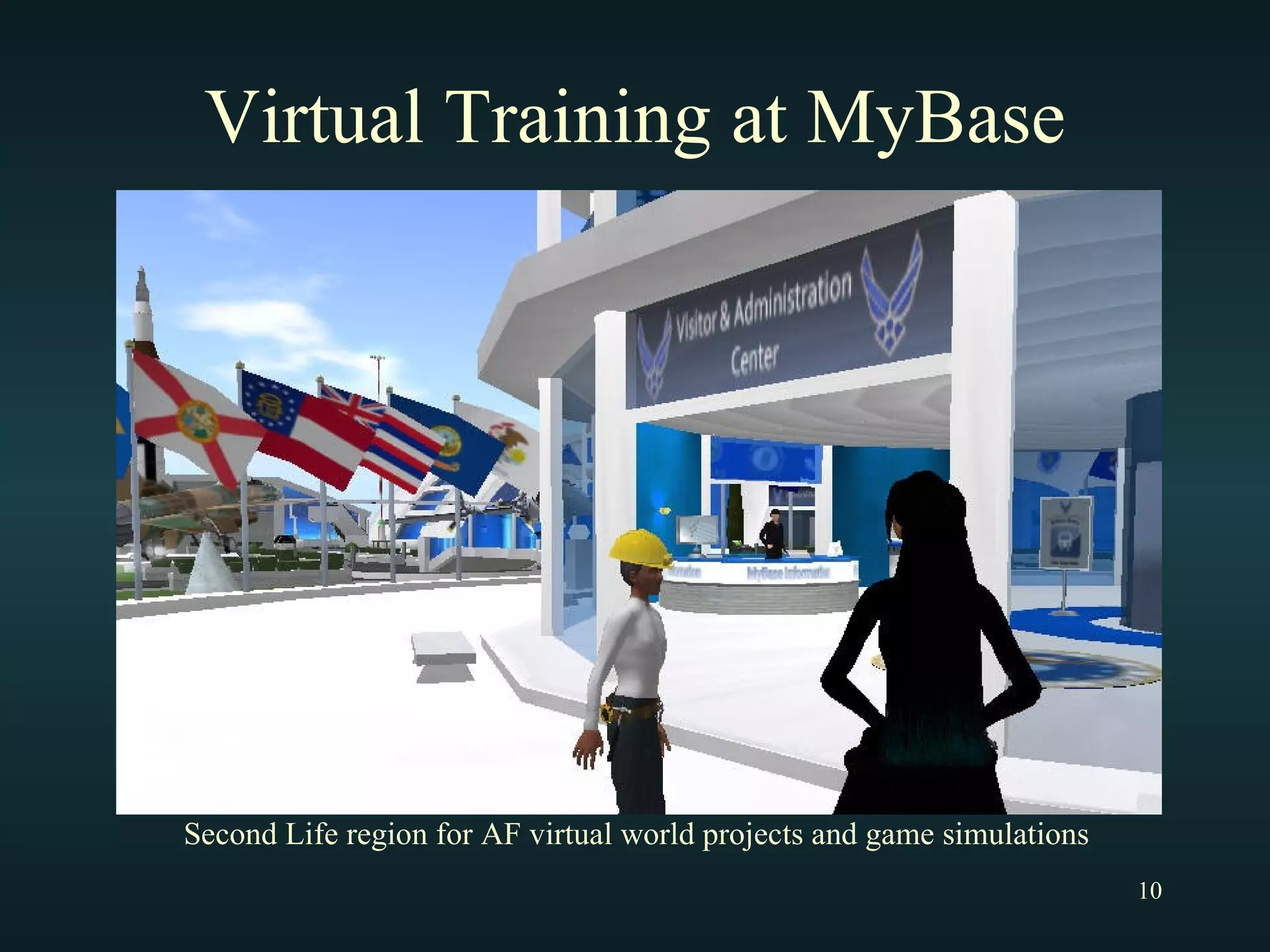 Virtual Training at MyBase Second Life region for AF virtual world projects and game simulations 