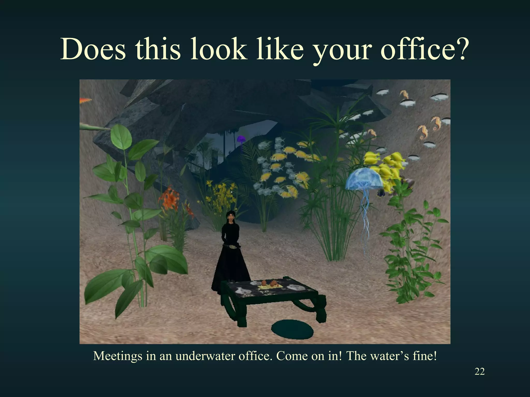Does this look like your office? Meetings in an underwater office. Come on in! The water’s fine! 