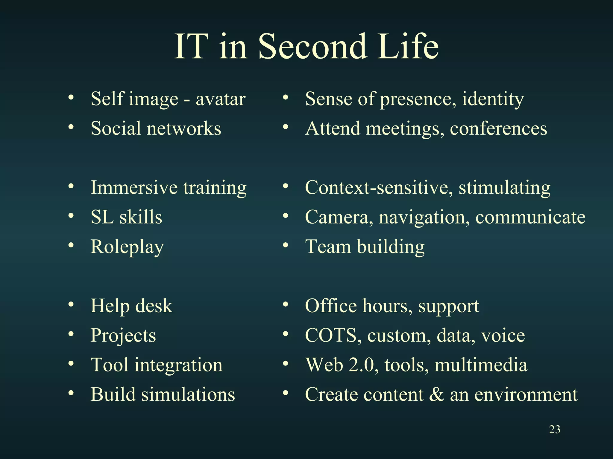 IT in Second Life Self image - avatar Social networks Immersive training SL skills Roleplay Help desk Projects Tool integration Build simulations Sense of presence, identity Attend meetings, conferences Context-sensitive, stimulating Camera, navigation, communicate Team building Office hours, support COTS, custom, data, voice Web 2.0, tools, multimedia Create content & an environment 