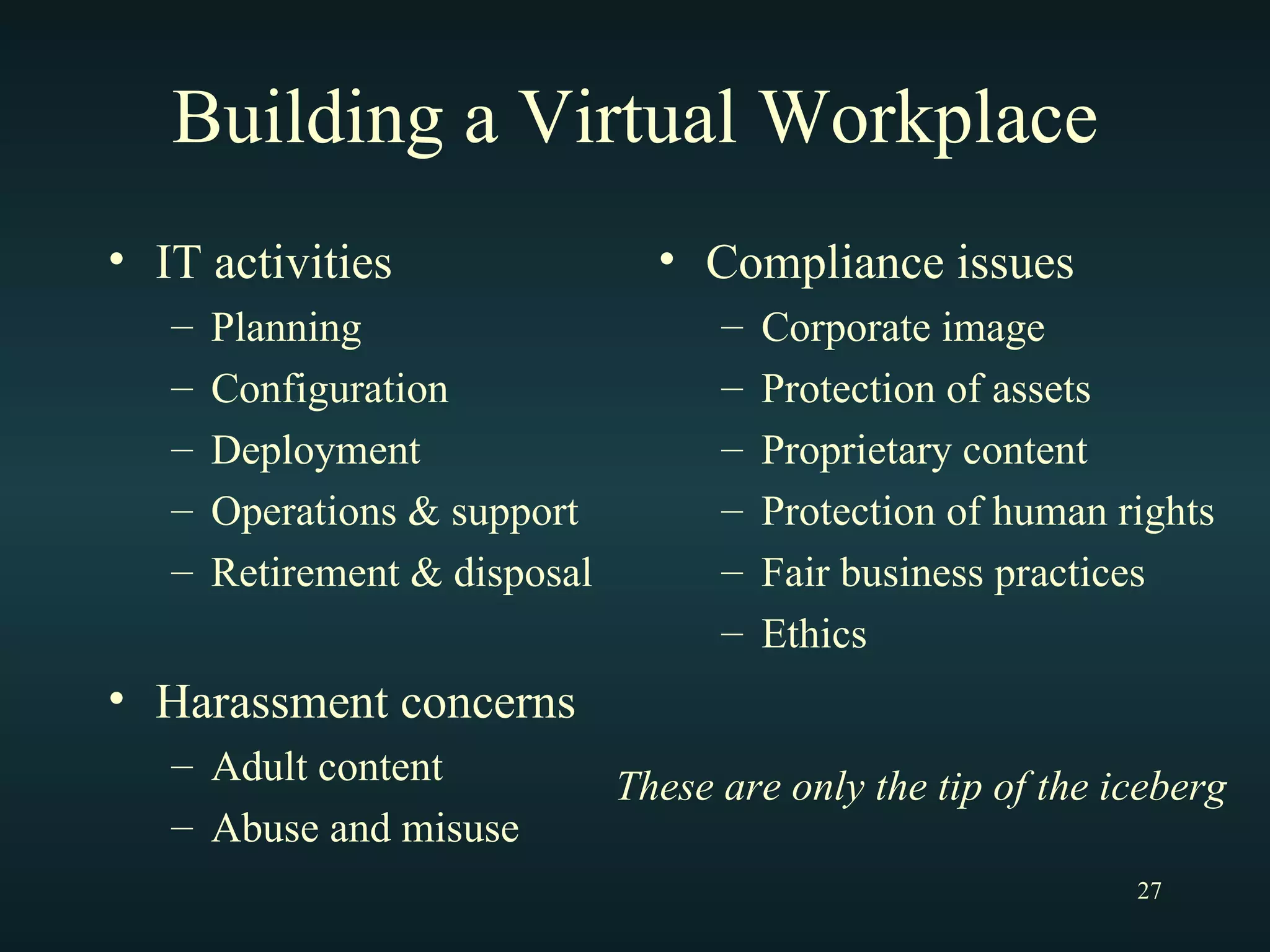 Building a Virtual Workplace IT activities  Planning Configuration Deployment Operations & support Retirement & disposal Harassment concerns Adult content Abuse and misuse Compliance issues Corporate image  Protection of assets Proprietary content Protection of human rights Fair business practices Ethics These are only the tip of the iceberg 
