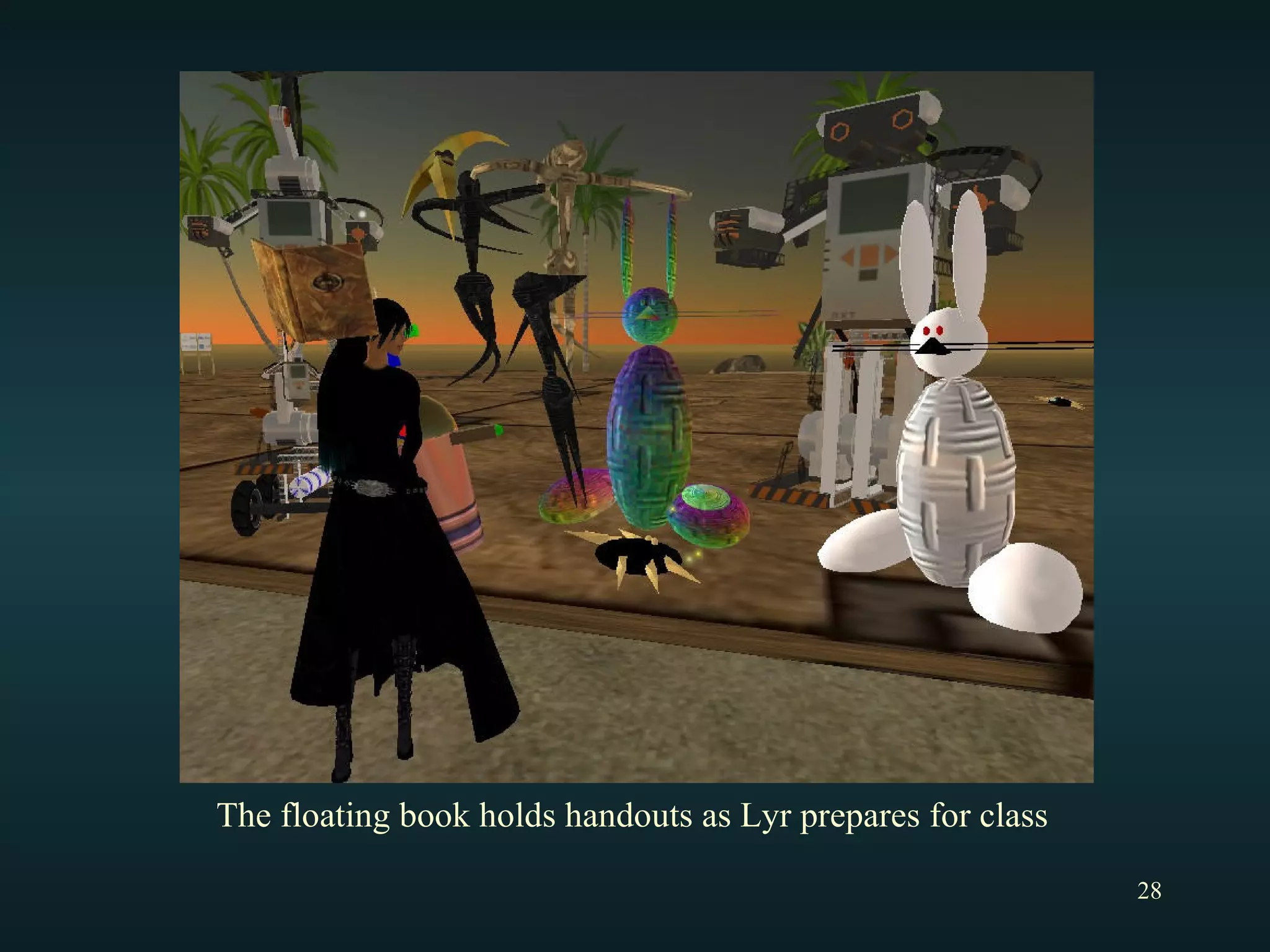 The floating book holds handouts as Lyr prepares for class 