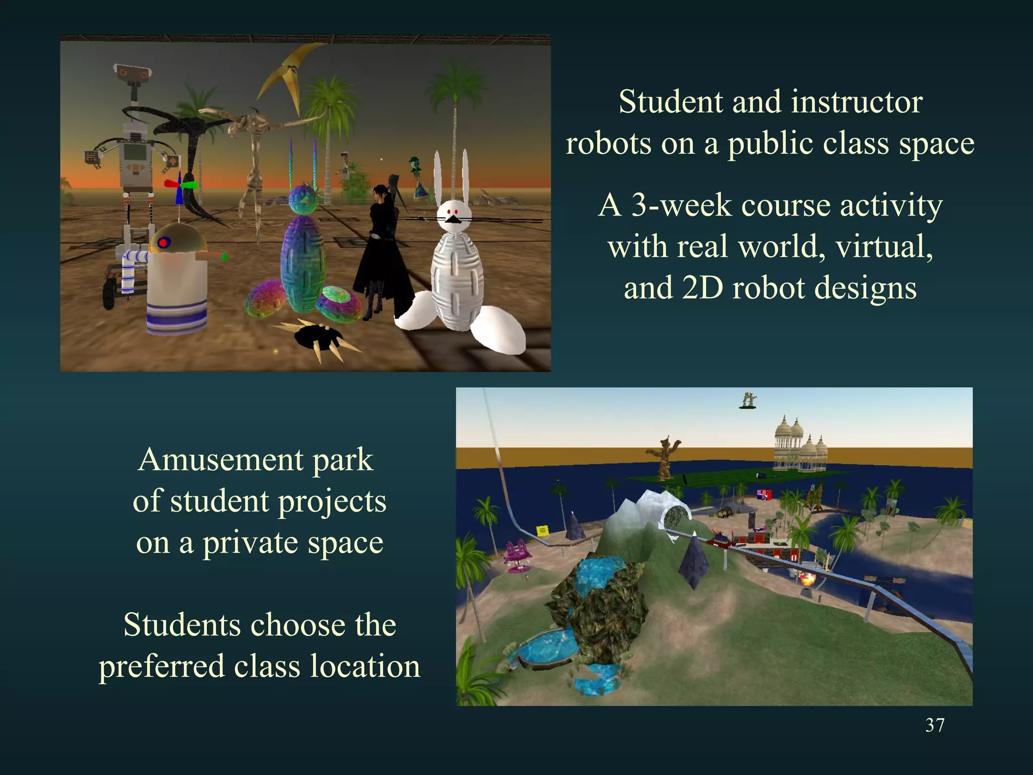 Student and instructor robots on a public class space A 3-week course activity with real world, virtual, and 2D robot designs Amusement park  of student projects on a private space Students choose the preferred class location 