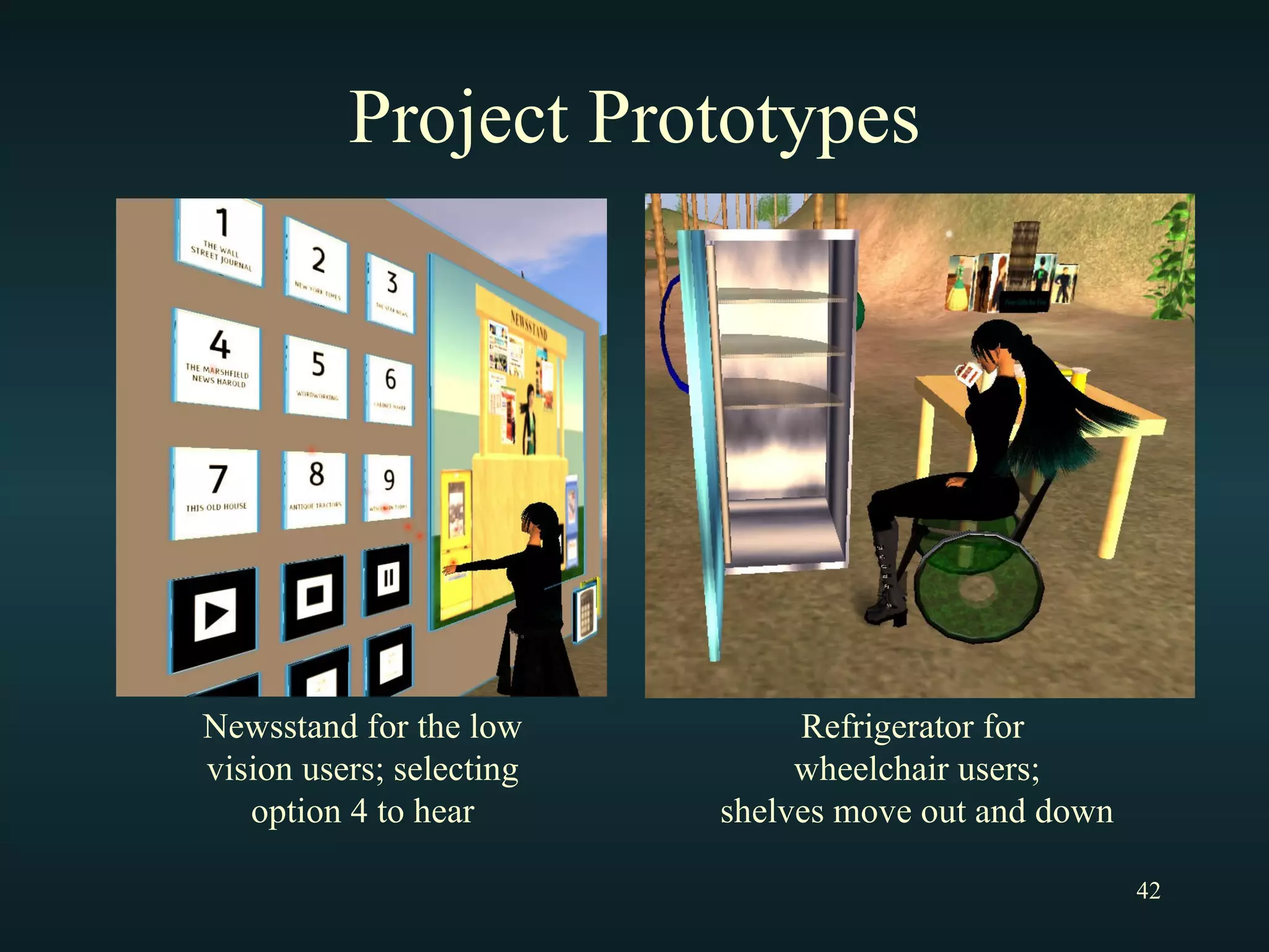 Project Prototypes Newsstand for the low vision users; selecting option 4 to hear Refrigerator for  wheelchair users; shelves move out and down 