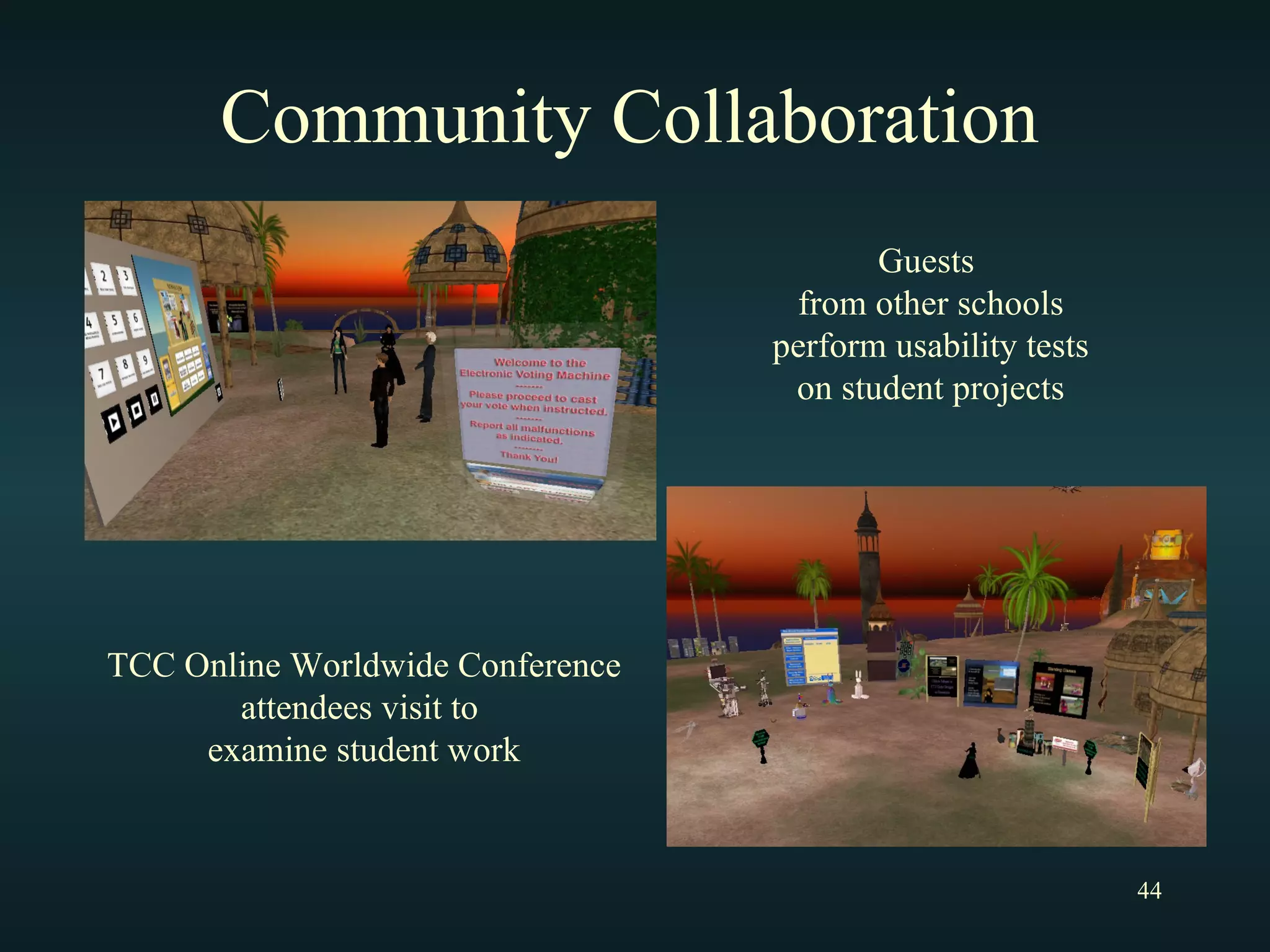 Community Collaboration Guests  from other schools perform usability tests on student projects TCC Online Worldwide Conference attendees visit to  examine student work 