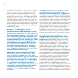 E-33 
Mengaitkan setiap program kepada keberhasilan 
murid yang jelas dan merasionalisasi program 
berimpak rendah pada setiap tahun, selaras dengan 
anjakan keseluruhan kerajaan ke arah OBB. Bergerak ke 
hadapan, setiap program yang dilancarkan oleh Kementerian 
akan dihubungkan dengan sasaran khusus yang berkait dengan 
keberhasilan murid. Pejabat persekutuan, negeri dan daerah 
akan menjalankan kajian semula tahunan untuk menilai 
kejayaan program bagi memenuhi sasaran ini. Pemberian dana 
untuk tahun berikutnya akan bergantung pada peningkatan 
hasil yang ditunjukkan. Melalui pendekatan bajet berasaskan 
hasil ini, ibu bapa, guru dan pengetua/guru besar akan 
berkeyakinan bahawa setiap program diselaraskan dengan 
keutamaan dan nilai tambah Pelan Pendidikan Pembangunan 
ini. Pendekatan ini juga akan mengurangkan risiko bebanan 
berlebihan yang dihadapi oleh guru dan pengetua/guru besar. 
0HPDQIDDWNDQSHOXDQJPHQLQJNDWNDQH¿VLHQVL 
dengan mengagihkan peruntukan kepada bidang 
paling kritikal seperti peningkatan kemahiran dan 
latihan guru. Kementerian akan mengkaji semula corak 
perbelanjaan di peringkat persekutuan, negeri dan daerah 
secara teliti bagi mewujudkan tanda aras perbelanjaan dan 
memurnikan proses pemerolehan. Jabatan dan pejabat 
yang berbelanja melebihi tanda aras yang ditetapkan perlu 
memastikan perbelanjaan mereka mengikut tanda aras ini. 
Selaras dengan amalan ini, Kementerian komited untuk 
mengambil tindakan terhadap apa-apa isu yang dibangkitkan 
dalam laporan tahunan Ketua Audit Negara. Kementerian juga 
akan membuat anjakan ke arah program bantuan kewangan 
berasaskan keperluan. Keluarga berpendapatan rendah akan 
terus menerima bantuan yang diperlukan bagi memastikan 
anak-anak mereka terus bersekolah, manakala keluarga 
berpendapatan lebih tinggi yang lebih berkemampuan pula 
akan menerima bantuan yang lebih rendah. Dana yang pada 
asalnya diperuntukkan bagi program ini akan diperuntukkan 
semula ke bahagian lain yang mempunyai keberhasilan 
berimpak tinggi, contohnya latihan dan peningkatan kemahiran 
guru. Sebanyak RM1 bilion dalam perbelanjaan permulaan 
operasi bagi tempoh 2013-2025 telah dikenal pasti untuk tujuan 
penjimatan dan pengagihan semula, dan pada masa yang sama 
kajian semula perbelanjaan pembangunan sedang dijalankan. 
penambahbaikan sekolah. Hal ini dapat dilakukan melalui 
peluasan program Sekolah Amanah yang membolehkan 
penaja swasta bekerjasama dengan kepimpinan sekolah 
untuk mengurus sesebuah sekolah. Dapatan awal daripada 
projek perintis pada tahun 2010 amat memberangsangkan. 
Dalam hal ini, Kementerian bukan sahaja bercadang untuk 
menambah bilangan sekolah, tetapi juga jenis sekolah yang 
terlibat. Kementerian melihat masa depan yang cerah jika 
program ini dikembangkan dengan melibatkan sekolah yang 
mempunyai masyarakat yang kurang bernasib baik, seperti 
kumpulan peribumi dan minoriti, murid berkeperluan khas 
dan sekolah luar bandar. 
Anjakan 10: Memaksimumkan 
keberhasilan murid bagi setiap ringgit 
Mengapakah perlu?: Pada tahun 2011, 16% daripada bajet 
tahunan persekutuan dibelanjakan untuk pendidikan, dan 
jumlah ini merupakan bahagian yang paling besar antara 
semua kementerian. Bajet pendidikan Malaysia, sebagai 
sebahagian daripada KDNK juga merupakan satu daripada 
bajet tertinggi di dunia. Pelaburan yang signifikan ini 
menunjukkan komitmen Kerajaan terhadap pendidikan. 
Namun, perpindahan sejumlah besar dana daripada 
bahagian keutamaan lain kepada sistem pendidikan 
tidak mungkin akan berlaku. Sebaliknya, Kementerian 
perlu meningkatkan kecekapan dan keberkesanan dalam 
perbelanjaan dan peruntukan dananya. 
Apakah bentuk kejayaan?: Memandangkan usaha 
transformasi hebat yang akan dilaksanakan oleh 
sistem pendidikan ini, kerajaan akan terus melabur 
anggaran tahap perbelanjaan, iaitu 16% daripada bajet 
persekutuan untuk sistem pendidikan. Kementerian 
akan memperuntukkan dana ini bagi keutamaan yang 
direncanakan dalam Pelan Pembangunan Pendidikan 
ini, yang langsung tidak melibatkan program dan 
inisiatif berimpak rendah yang lain. Kerajaan juga akan 
memantau dan melaporkan pulangan atas pelaburan 
yang didapati daripada setiap inisiatif, dengan 
pelaburan seterusnya bergantung pada hasil yang 
ditunjukkan. 
 