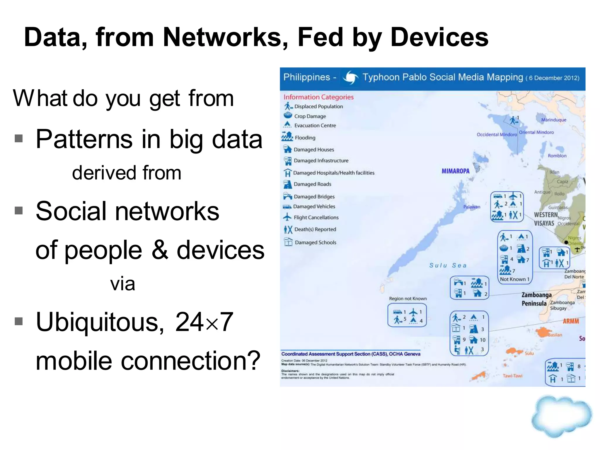 What do you get from
 Patterns in big data
derived from
 Social networks
of people & devices
via
 Ubiquitous, 247
mobile connection?
Data, from Networks, Fed by Devices
 