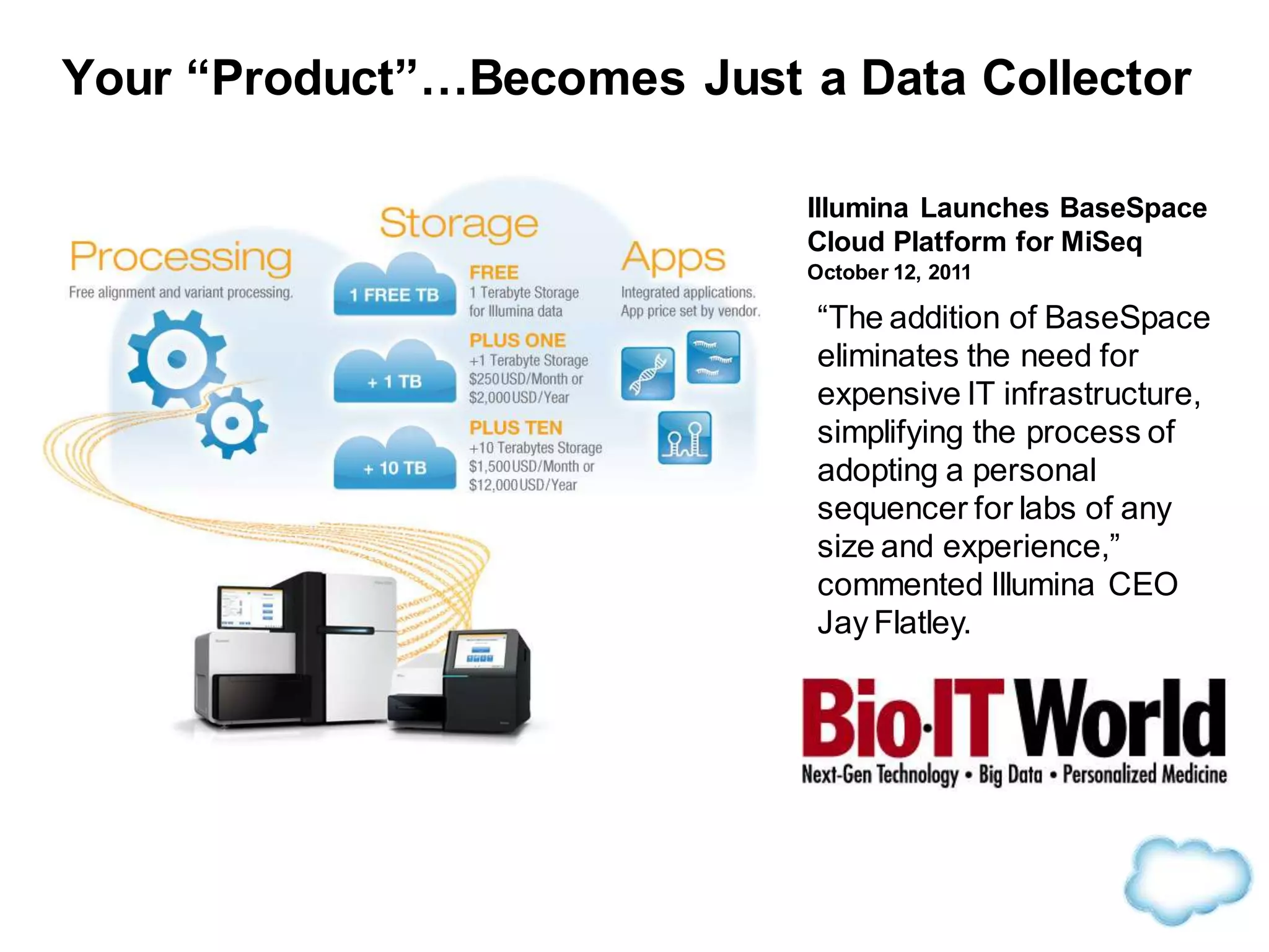 Your “Product”…Becomes Just a Data Collector
“The addition of BaseSpace
eliminates the need for
expensive IT infrastructure,
simplifying the process of
adopting a personal
sequencer for labs of any
size and experience,”
commented Illumina CEO
Jay Flatley.
Illumina Launches BaseSpace
Cloud Platform for MiSeq
October 12, 2011
 