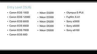 Entry Level DSLRs
▪ Canon EOS 100D
▪ Canon EOS 1200D
▪ Canon EOS 600D
▪ Canon EOS 650D
▪ Canon EOS 700D
▪ Canon EOS 60D
▪ Nikon D3200
▪ Nikon D3300
▪ Nikon D5200
▪ Nikon D5300
▪ Nikon D5500
▪ Olympus E-PL6
▪ Fujifilm X-A1
▪ Sony a3000
▪ Sony α5000
▪ Sony α5100
 