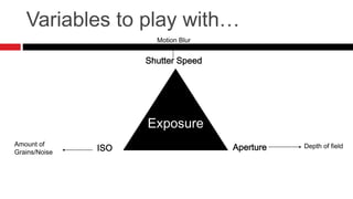 Variables to play with…
Exposure
Shutter Speed
ISO ApertureAmount of
Grains/Noise
Depth of field
Motion Blur
 
