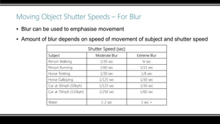 Moving Object Shutter Speeds – For Blur
▪ Blur can be used to emphasise movement
▪ Amount of blur depends on speed of movement of subject and shutter speed
Shutter Speed (sec)
Subject Moderate Blur Extreme Blur
Person Walking 1/30 sec ¼ sec
Person Running 1/60 sec 1/15 sec
Horse Trotting 1/30 sec 1/8 sec
Horse Galloping 1/125 sec 1/30 sec
Car at 30mph (50kph) 1/125 sec 1/30 sec
Car at 70mph (110kph) 1/250 sec 1/60 sec
Water 1-2 sec 3 sec +
 