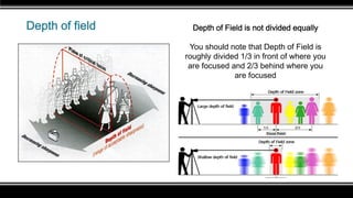 Depth of field Depth of Field is not divided equally
You should note that Depth of Field is
roughly divided 1/3 in front of where you
are focused and 2/3 behind where you
are focused
 