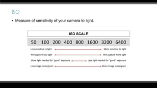 ISO
▪ Measure of sensitivity of your camera to light.
 