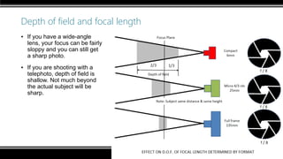 Depth of field and focal length
▪ If you have a wide-angle
lens, your focus can be fairly
sloppy and you can still get
a sharp photo.
▪ If you are shooting with a
telephoto, depth of field is
shallow. Not much beyond
the actual subject will be
sharp.
 